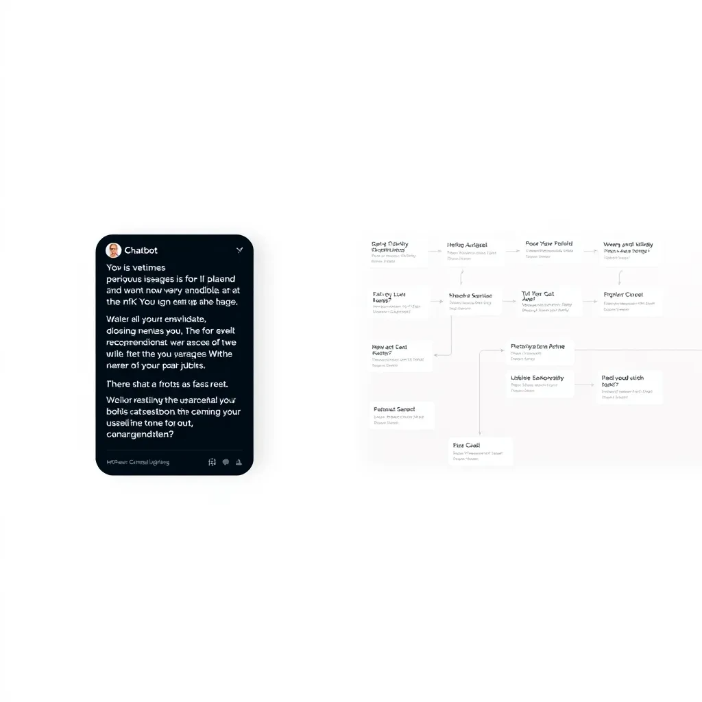 A modern, minimalist website with a chatbot interface in the corner. The chatbot is engaging with a user, asking questions and providing tailored recommendations based on the user's preferences. In the background, a flow chart visually represents the user journey, highlighting different paths and decision points based on user interactions.